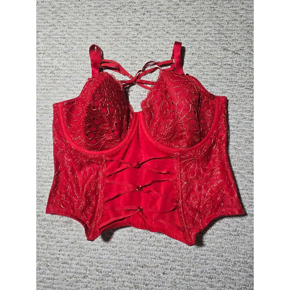 Cacique Lane Bryant Lace Lightly Lined Balconette Merry Widow Red Gold 44DDD